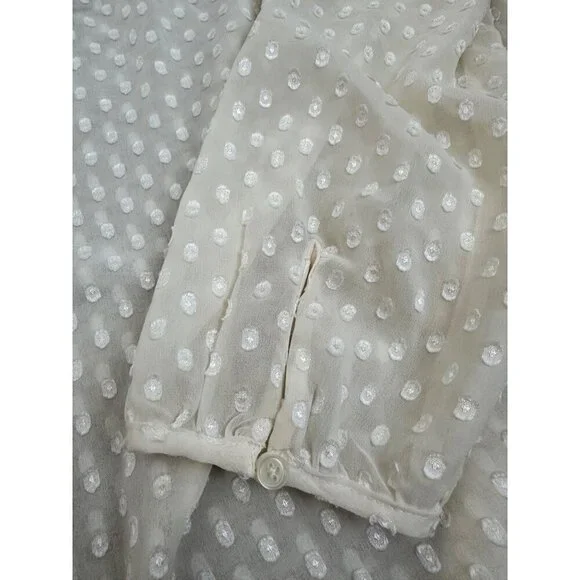 Sheer White Polka Dot Long Sleeve Blouse With Smocked Neckline M - Picture 5 of 7